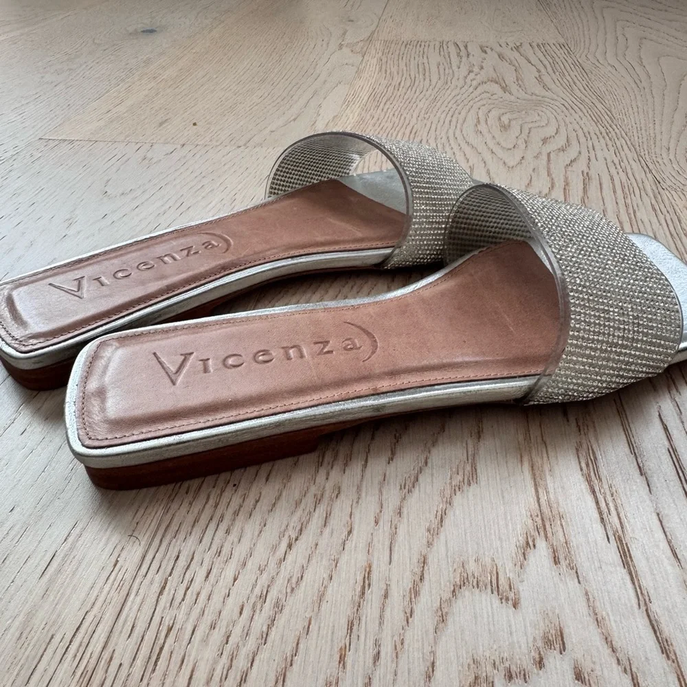 Vicenza Rhinestone Slide Sandals | Silver Leather | Size 8 - Picture 4 of 5